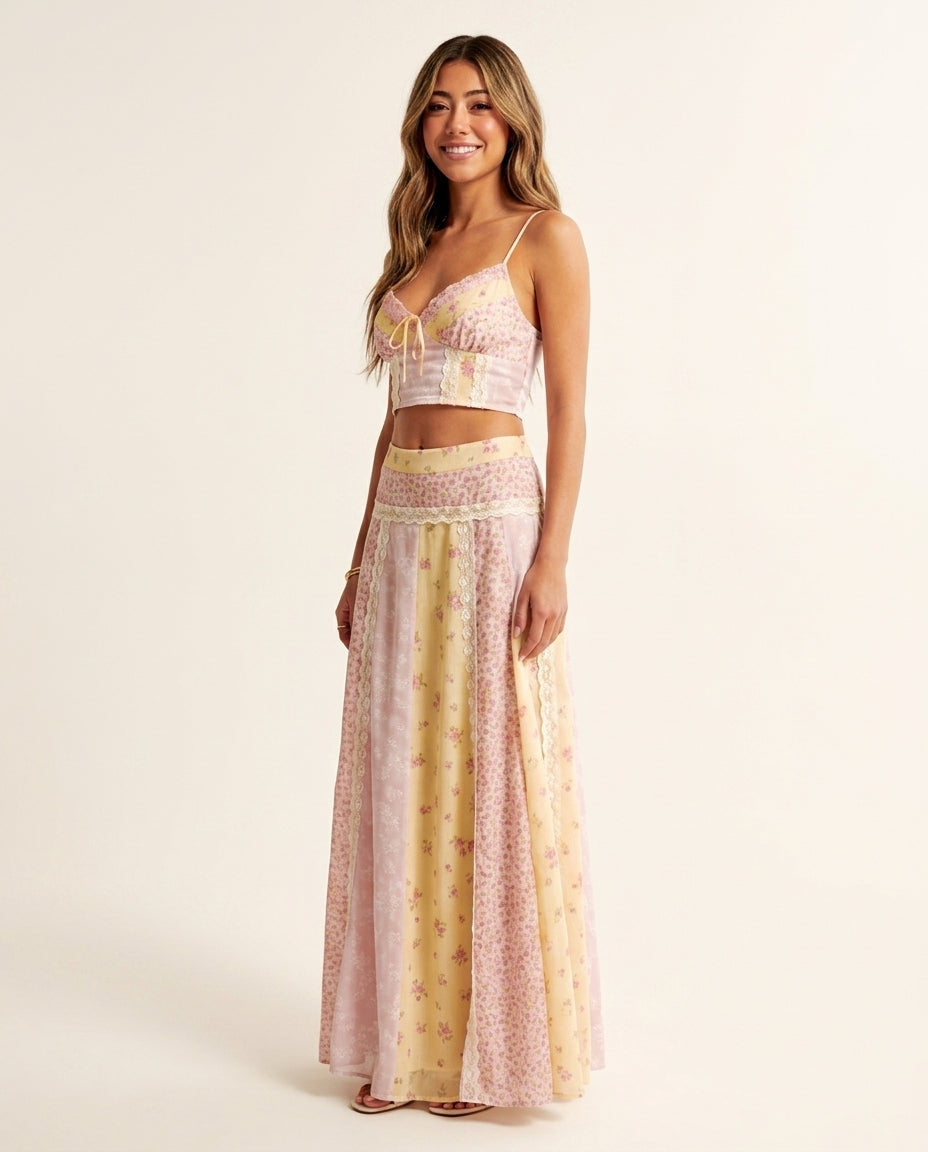 Pink Aura Resort Lace Skirt Set Pink Skirt Set with Asymmetric silhouette and Textured texture, clean studio product view for Resort Wear, Brunch in SoHo, US Coastal Glam by floravincie