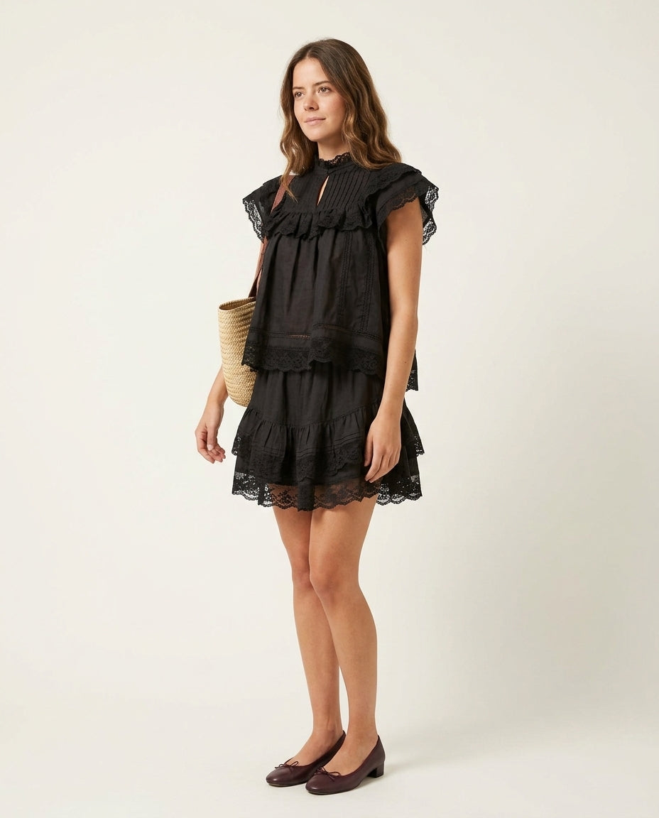 Black Reverie Resort Eyelet Skirt Set Black Skirt Set with Asymmetric silhouette and Textured texture, clean studio product view for Resort Wear, Weekend in The Hamptons, US East / Hamptons Elite by floravincie