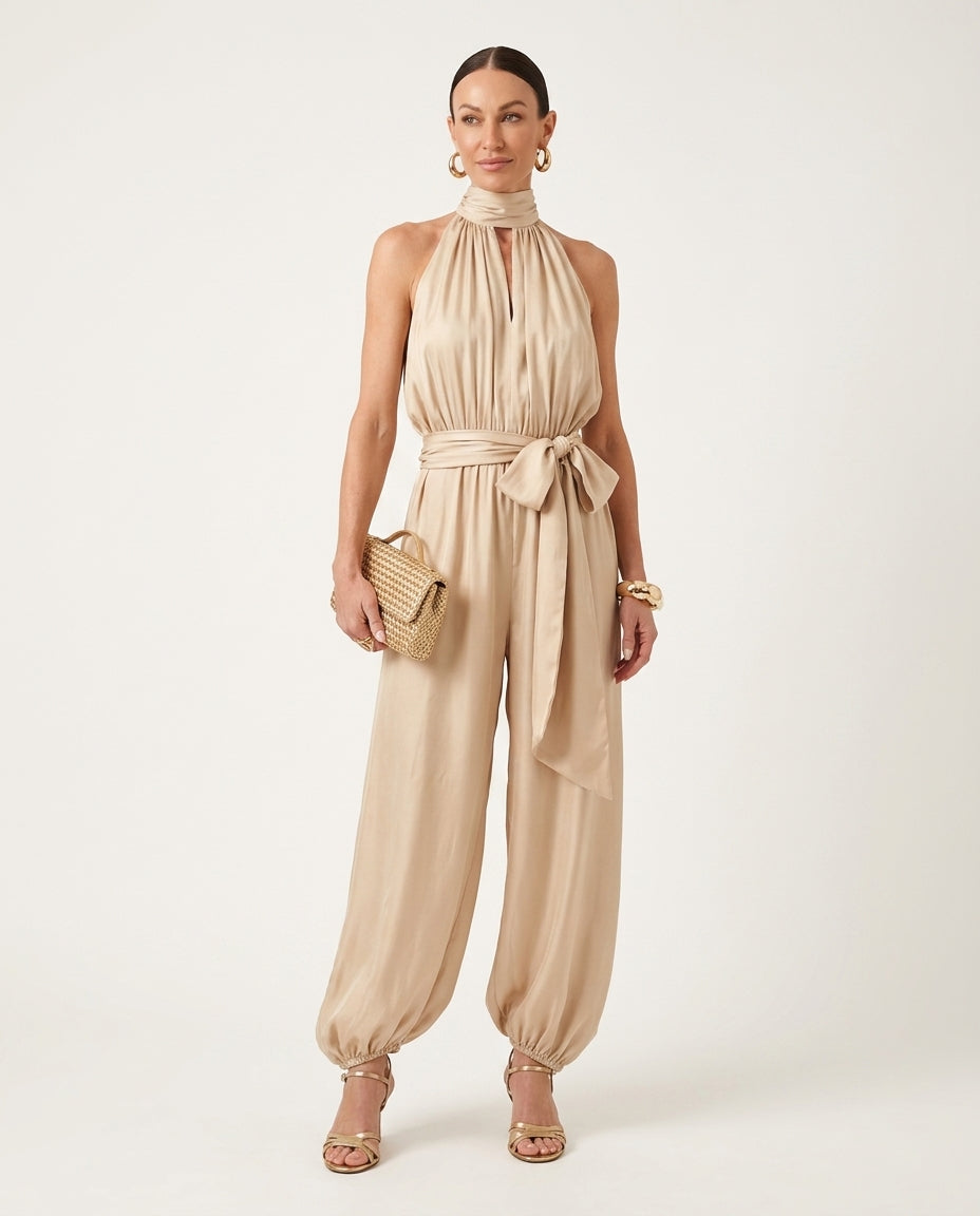 Sand Charm Summer Halter Romper Sand Romper with Relaxed Fit silhouette and Textured texture, clean studio product view for City Evening, a London dinner reservation, Euro Chic Premium by floravincie