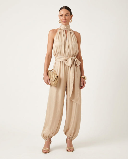 Sand Charm Summer Halter Romper Sand Romper with Relaxed Fit silhouette and Textured texture, clean studio product view for City Evening, a London dinner reservation, Euro Chic Premium by floravincie