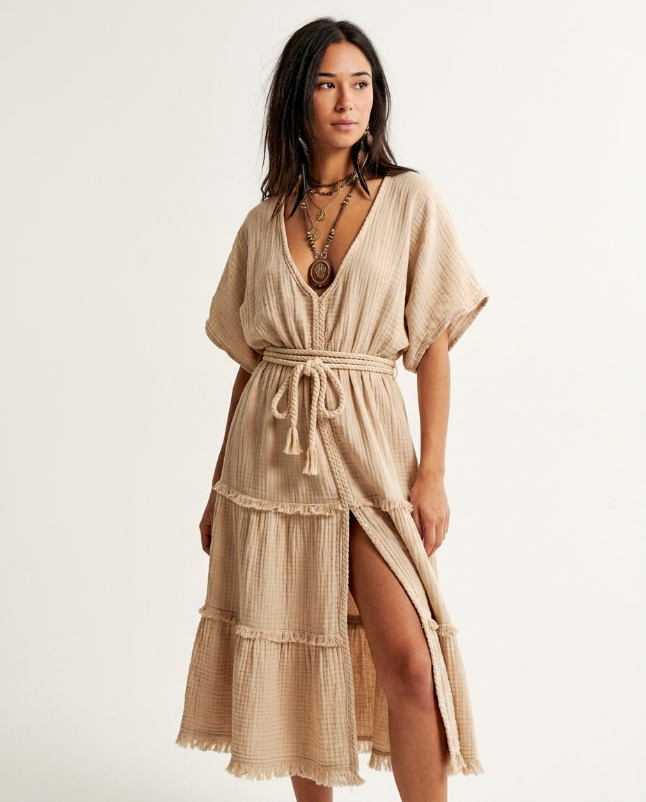 Brown Bloom Summer Fringe Maxi Dress Brown Maxi Dress with Asymmetric silhouette and Textured texture, clean studio product view for Resort Dinner, a polished coastal brunch, US East / Hamptons Elite by floravincie