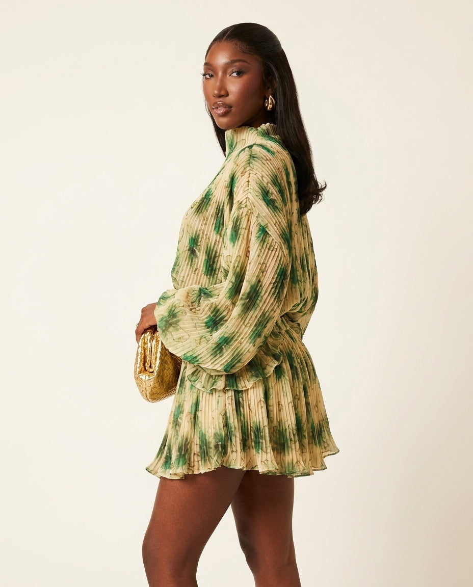 Sage Lustre Summer Pleated Romper Sage Romper with Relaxed Fit silhouette and Textured texture, clean studio product view for Resort Styling, Sunset in Malibu, US Coastal Glam by floravincie
