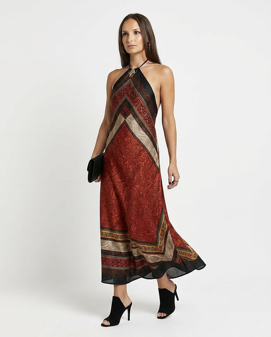 Rust Glow Resort Printed Maxi Dress Rust Maxi Dress with Relaxed Fit silhouette and Satin texture, clean studio product view for Resort Wear, Evening in Amalfi, Euro Chic Premium by floravincie