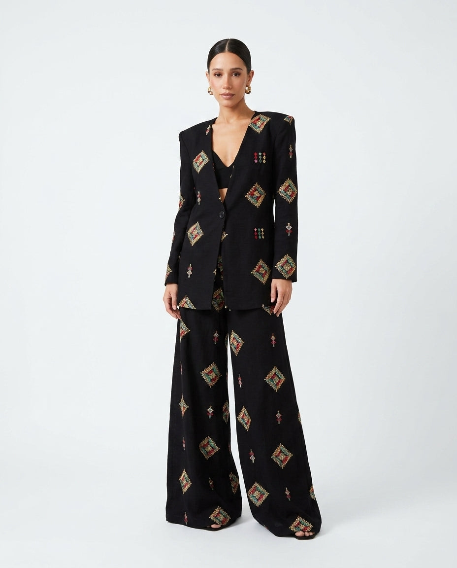 Black Bloom Summer Embroidered Jacket Black Jacket with Wide-Leg silhouette and Textured texture, clean studio product view for Office Edit, Weekend in The Hamptons, US East / Hamptons Elite by floravincie