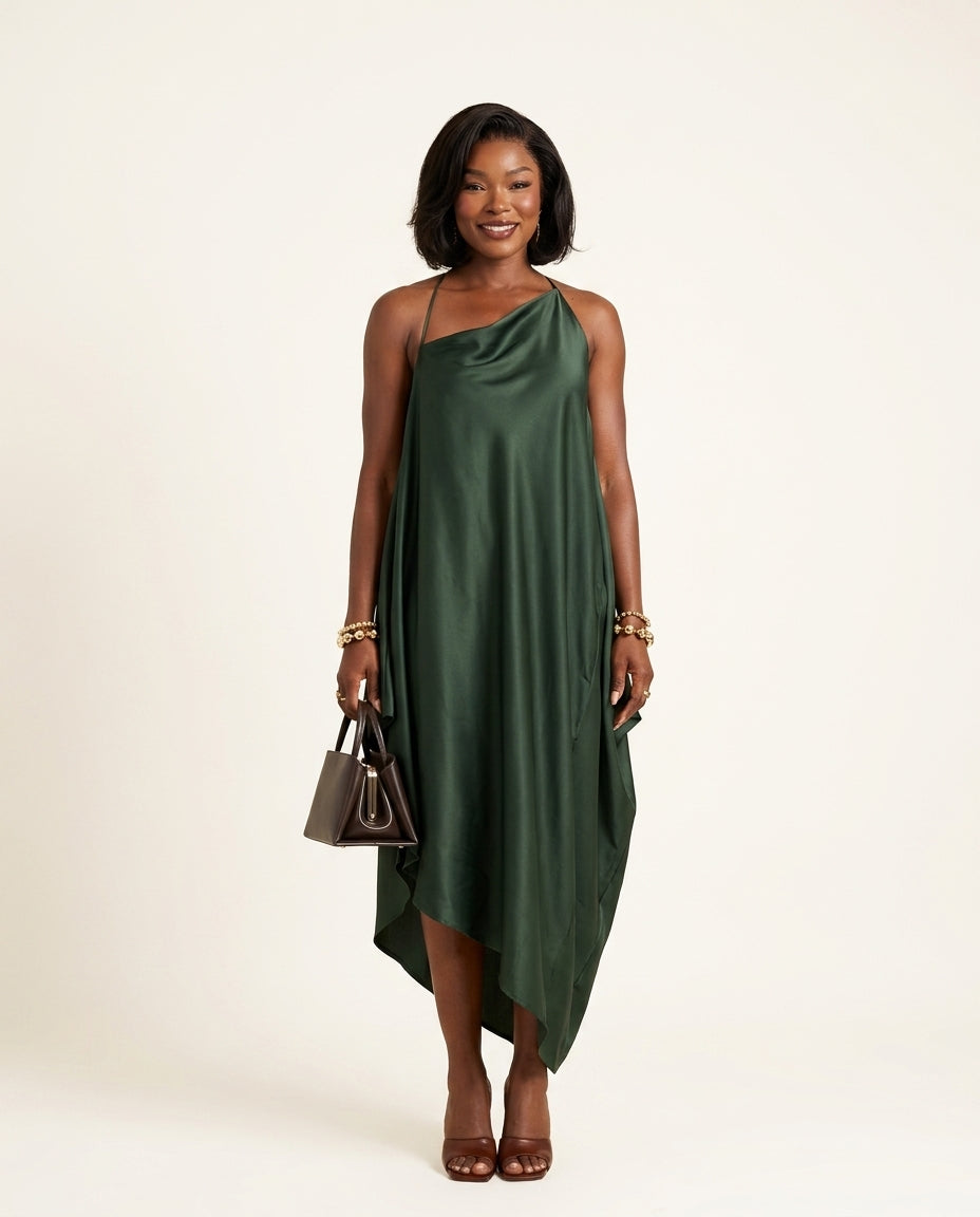Dark Green Velvet Resort Satin Maxi Dress Dark Green Maxi Dress with Asymmetric silhouette and Satin texture, clean studio product view for Resort Wear, a gallery opening in Paris, Euro Chic Premium by floravincie
