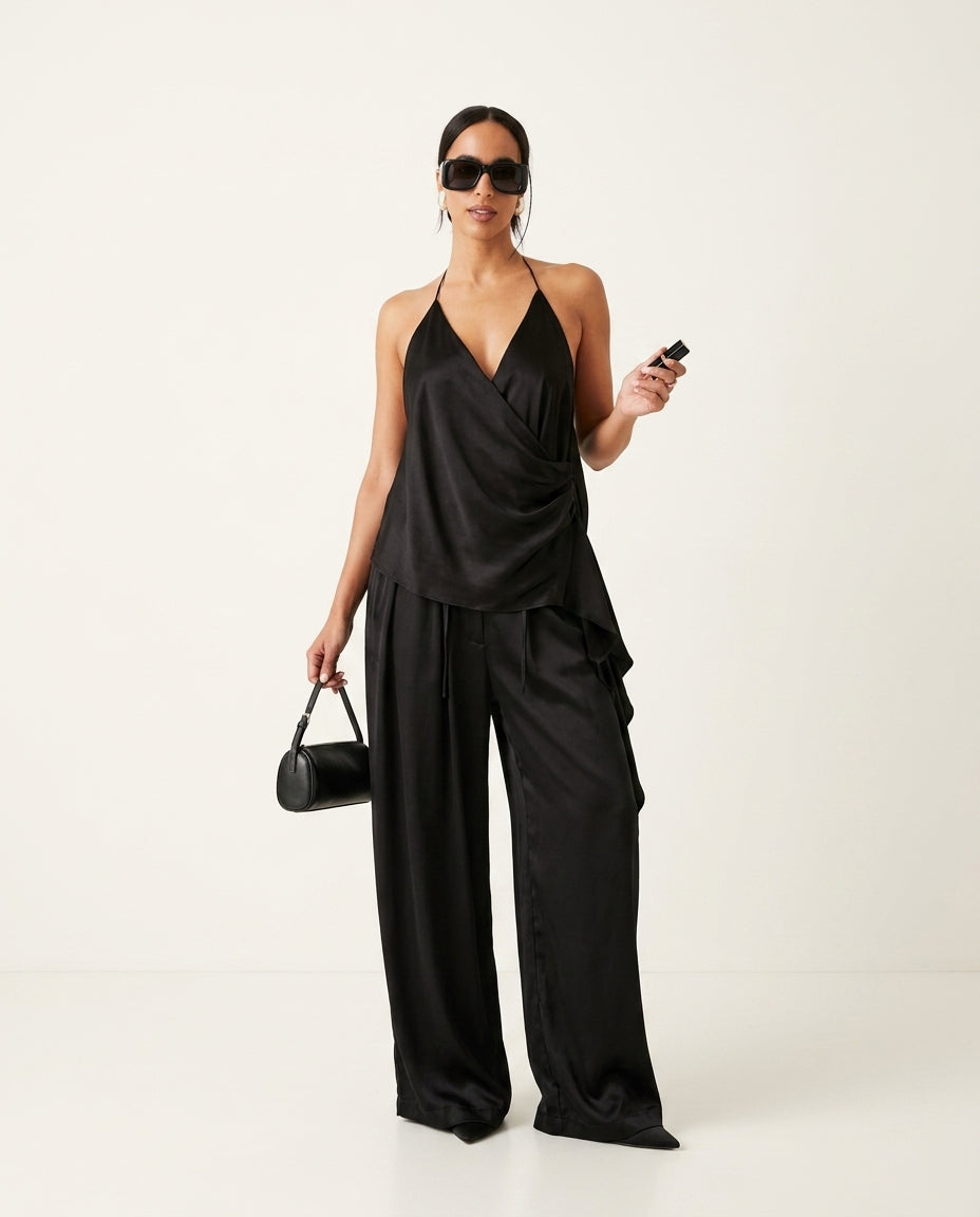 Black Velvet Evening Satin Pant Set Black Pant Set with Asymmetric silhouette and Satin texture, clean studio product view for Resort Wear, Brunch in SoHo, US Coastal Glam by floravincie