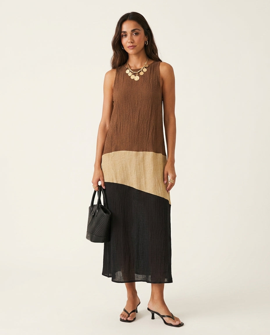 Brown Charm Resort Textured Maxi Dress Brown Maxi Dress with Asymmetric silhouette and Textured texture, clean studio product view for Resort Wear, an estate dinner at golden hour, US East / Hamptons Elite by floravincie