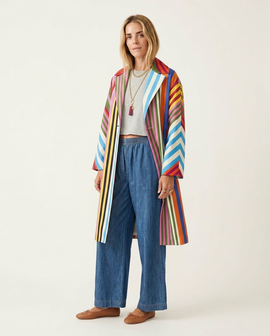Multicolor Muse Summer Striped Romper Multicolor Romper with Relaxed Fit silhouette and Textured texture, clean studio product view for City Evening, a Palm Springs weekend, US Coastal Glam by floravincie