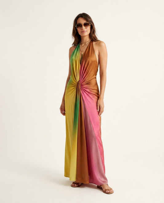 Pink Velvet Summer Halter Maxi Dress Pink Maxi Dress with Relaxed Fit silhouette and Textured texture, clean studio product view for Resort Dinner, Sunset in Malibu, US Coastal Glam by floravincie
