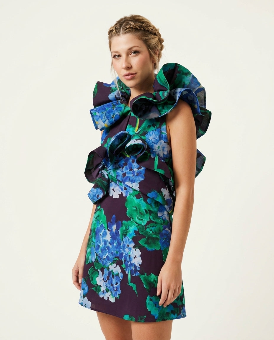 Navy Velvet Floral Maxi Dress Navy Maxi Dress with Asymmetric silhouette and Textured texture, clean studio product view for Rooftop Brunch, a rooftop dinner in LA, US Coastal Glam by floravincie