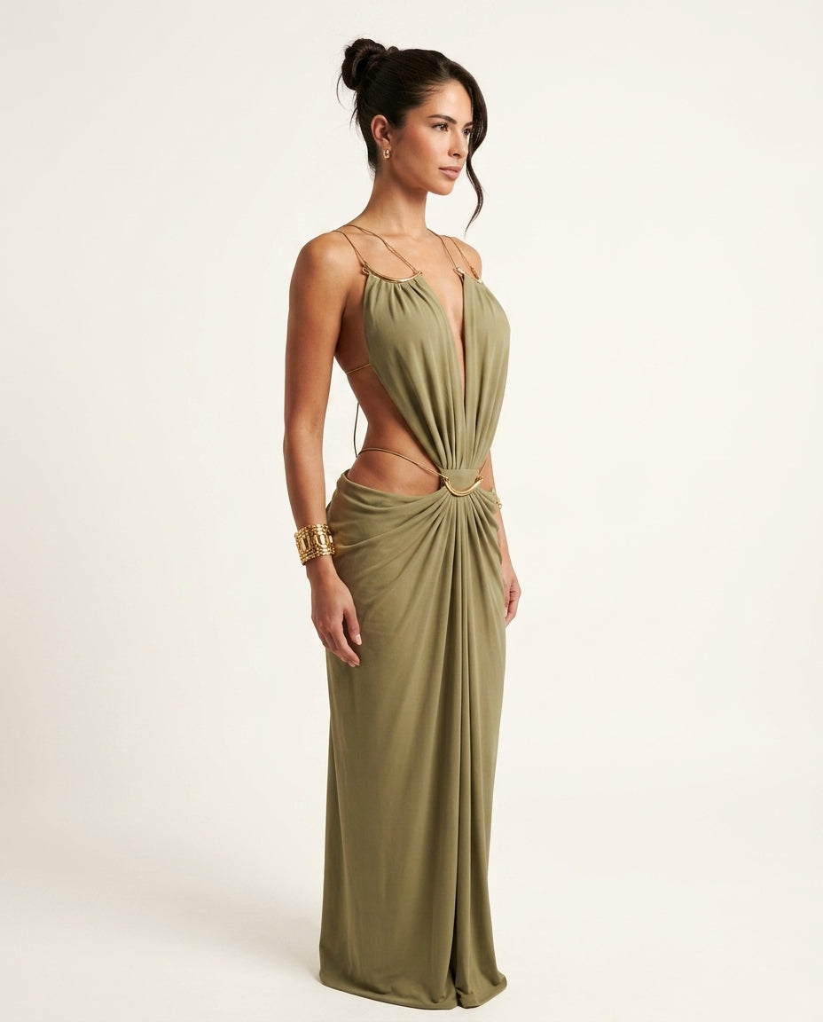 Olive Muse Evening Maxi Dress Olive Maxi Dress with Asymmetric silhouette and Textured texture, clean studio product view for Date Night, a private garden lunch, US East / Hamptons Elite by floravincie