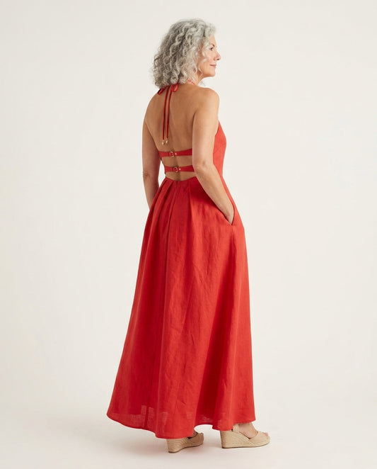 Red Velvet Resort Linen Maxi Dress Red Maxi Dress with Relaxed Fit silhouette and Linen Blend texture, clean studio product view for Resort Wear, Sunset in Malibu, US Coastal Glam by floravincie