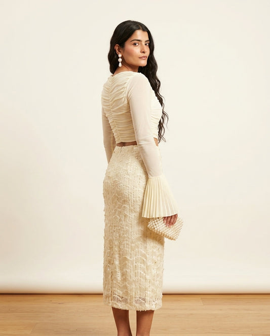 Ivory Lustre Evening Ruched Two-Piece Set Ivory Two-Piece Set with Asymmetric silhouette and Textured texture, clean studio product view for Date Night, a rooftop dinner in LA, US Coastal Glam by floravincie