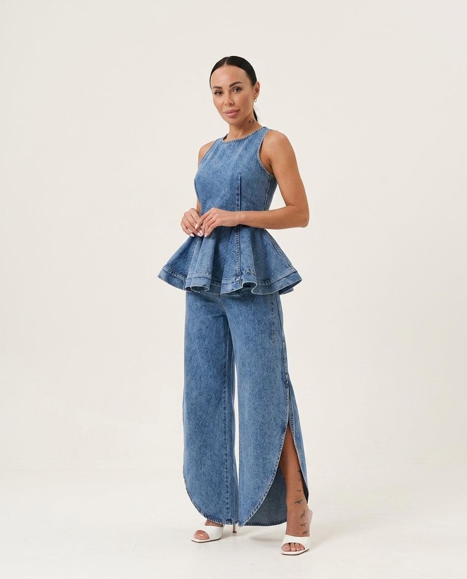 Denim Blue Bloom Summer Denim Pant Set Denim Blue Pant Set with Asymmetric silhouette and Textured texture, clean studio product view for Weekend Escape, Brunch in SoHo, US Coastal Glam by floravincie