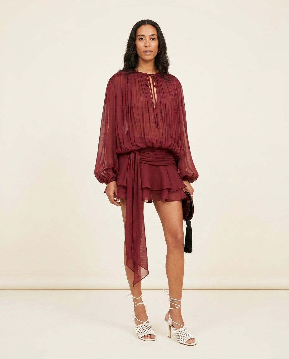 Burgundy Grace Evening Pleated Maxi Dress Burgundy Maxi Dress with Asymmetric silhouette and Textured texture, clean studio product view for Date Night, Sunset in Malibu, US Coastal Glam by floravincie