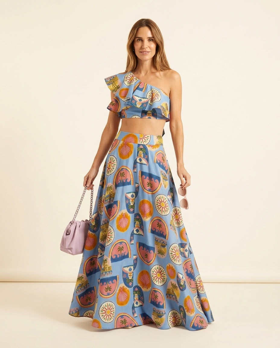 Blue Grace Summer Printed Two-Piece Set Blue Two-Piece Set with Asymmetric silhouette and Textured texture, clean studio product view for Weekend Escape, a rooftop dinner in LA, US Coastal Glam by floravincie