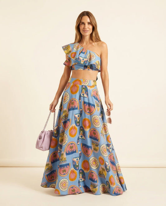 Blue Grace Summer Printed Two-Piece Set Blue Two-Piece Set with Asymmetric silhouette and Textured texture, clean studio product view for Weekend Escape, a rooftop dinner in LA, US Coastal Glam by floravincie