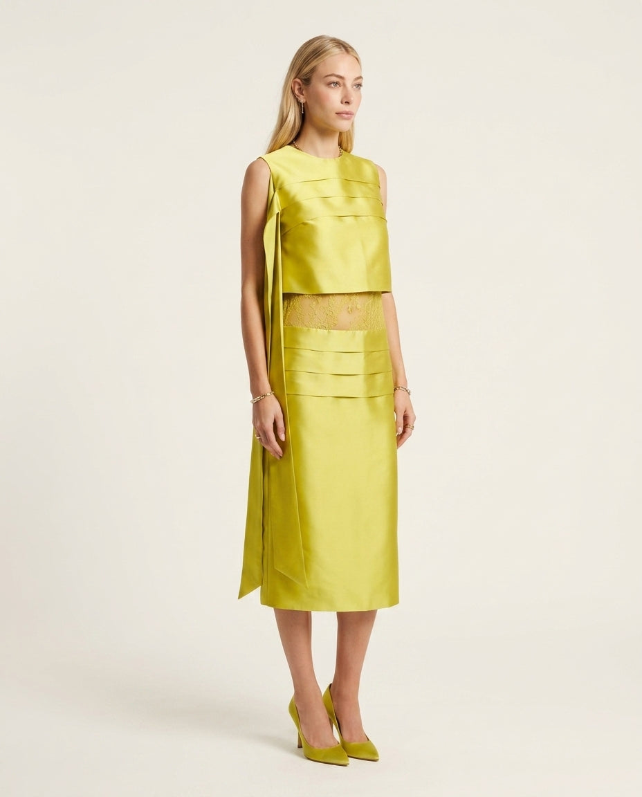 Lime Charm Evening Lace Two-Piece Set Lime Two-Piece Set with Asymmetric silhouette and Satin texture, clean studio product view for Date Night, a Palm Springs weekend, US Coastal Glam by floravincie