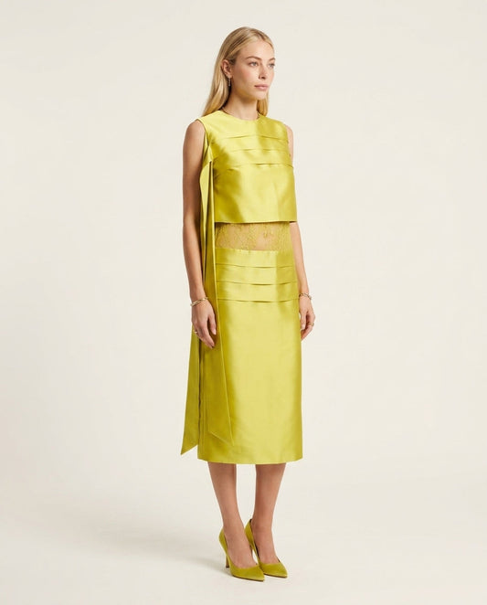 Lime Charm Evening Lace Two-Piece Set Lime Two-Piece Set with Asymmetric silhouette and Satin texture, clean studio product view for Date Night, a Palm Springs weekend, US Coastal Glam by floravincie