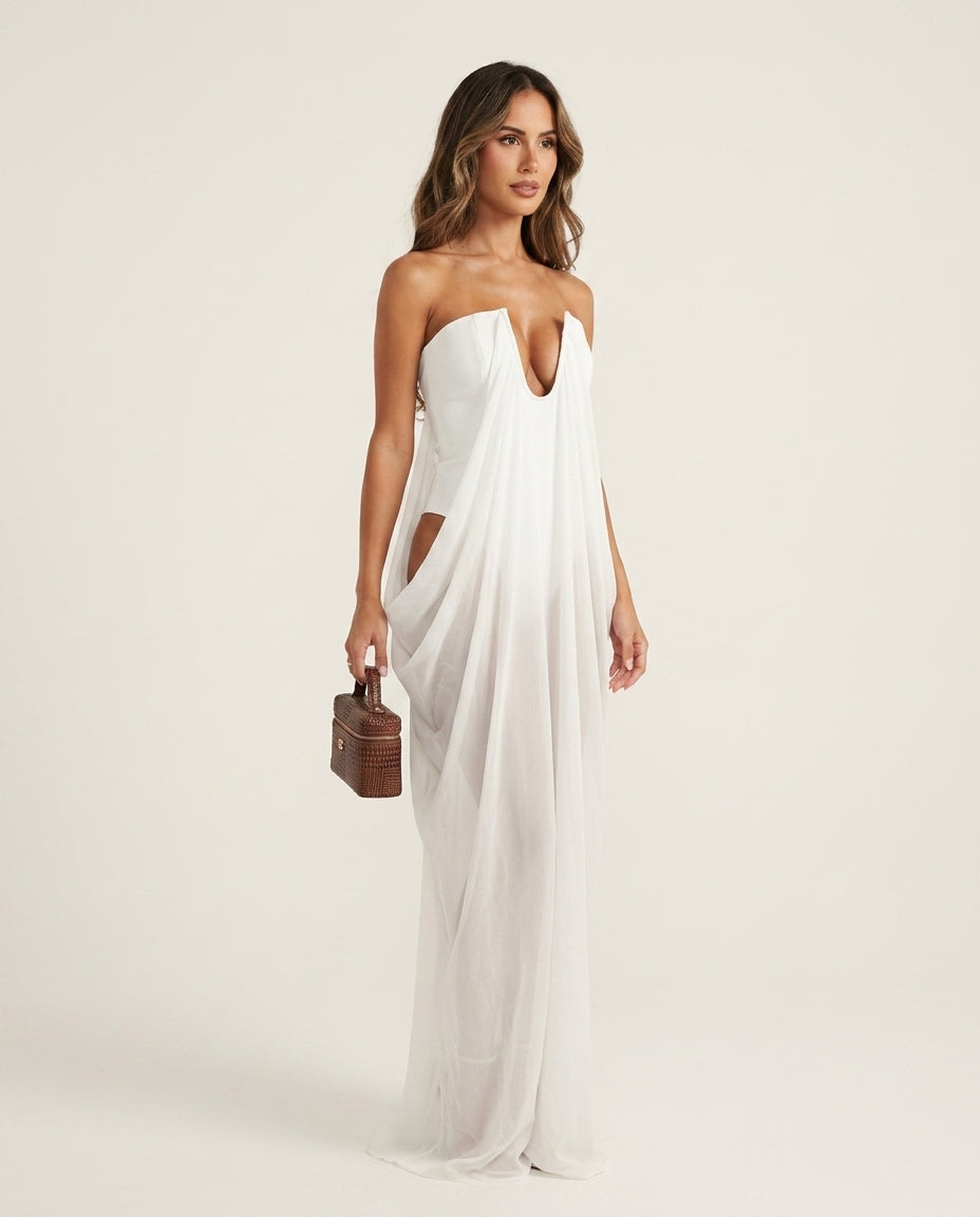 Ivory Solace Resort Sheer Maxi Dress Ivory Maxi Dress with Asymmetric silhouette and Textured texture, clean studio product view for Resort Wear, Weekend in The Hamptons, US East / Hamptons Elite by floravincie