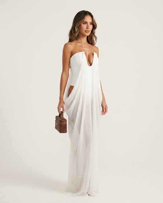 Ivory Solace Resort Sheer Maxi Dress Ivory Maxi Dress with Asymmetric silhouette and Textured texture, clean studio product view for Resort Wear, Weekend in The Hamptons, US East / Hamptons Elite by floravincie