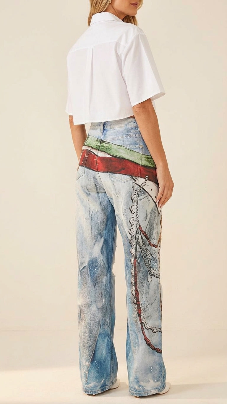 Blue Graphic Print Wide-Leg Graphic Elements Denim Jeans product image 2