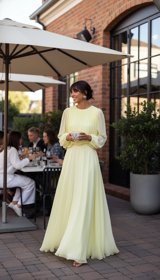 Yellow Pleated Pleated Bodice Flowing Skirt Dress product image 2