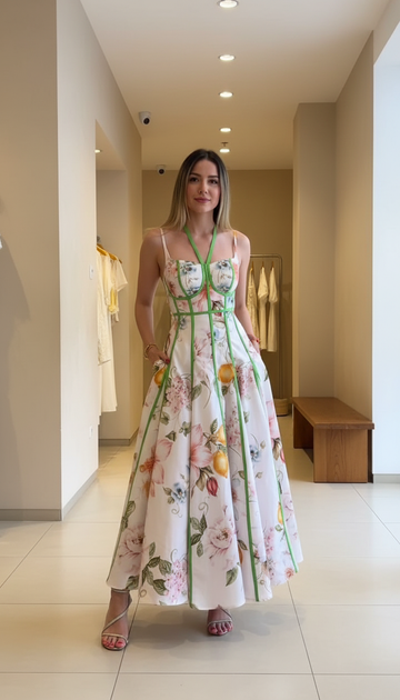 White Floral Structured Contrast Piping Maxi Dress product image 2