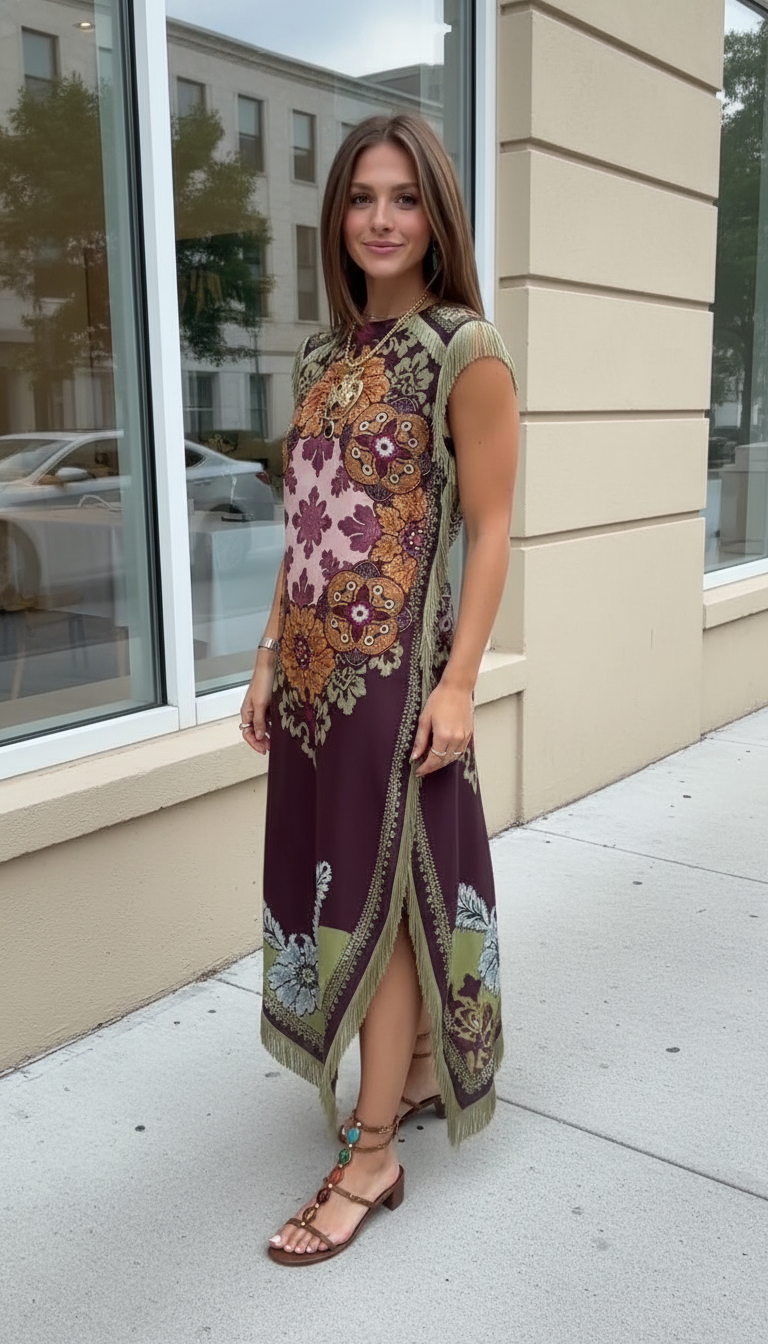 Burgundy Floral Embroidered Fringe Kaftan Dress product image 2