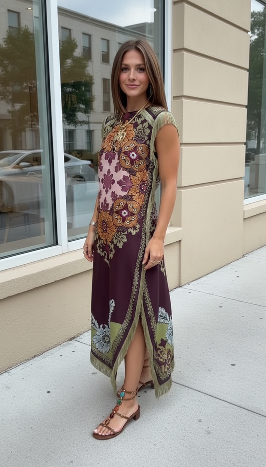 Burgundy Floral Embroidered Fringe Kaftan Dress product image 2