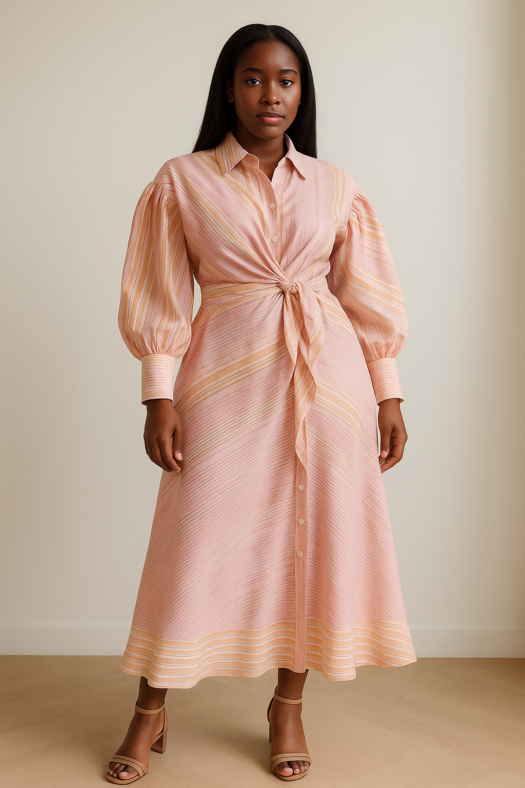 Pink Striped Waist Tie Button Front Midi Dress product image 2