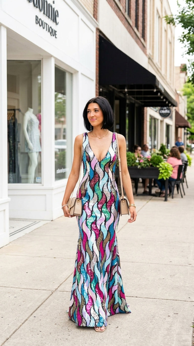Abstract Print Backless V-Neck Satin Maxi Dress product image 2