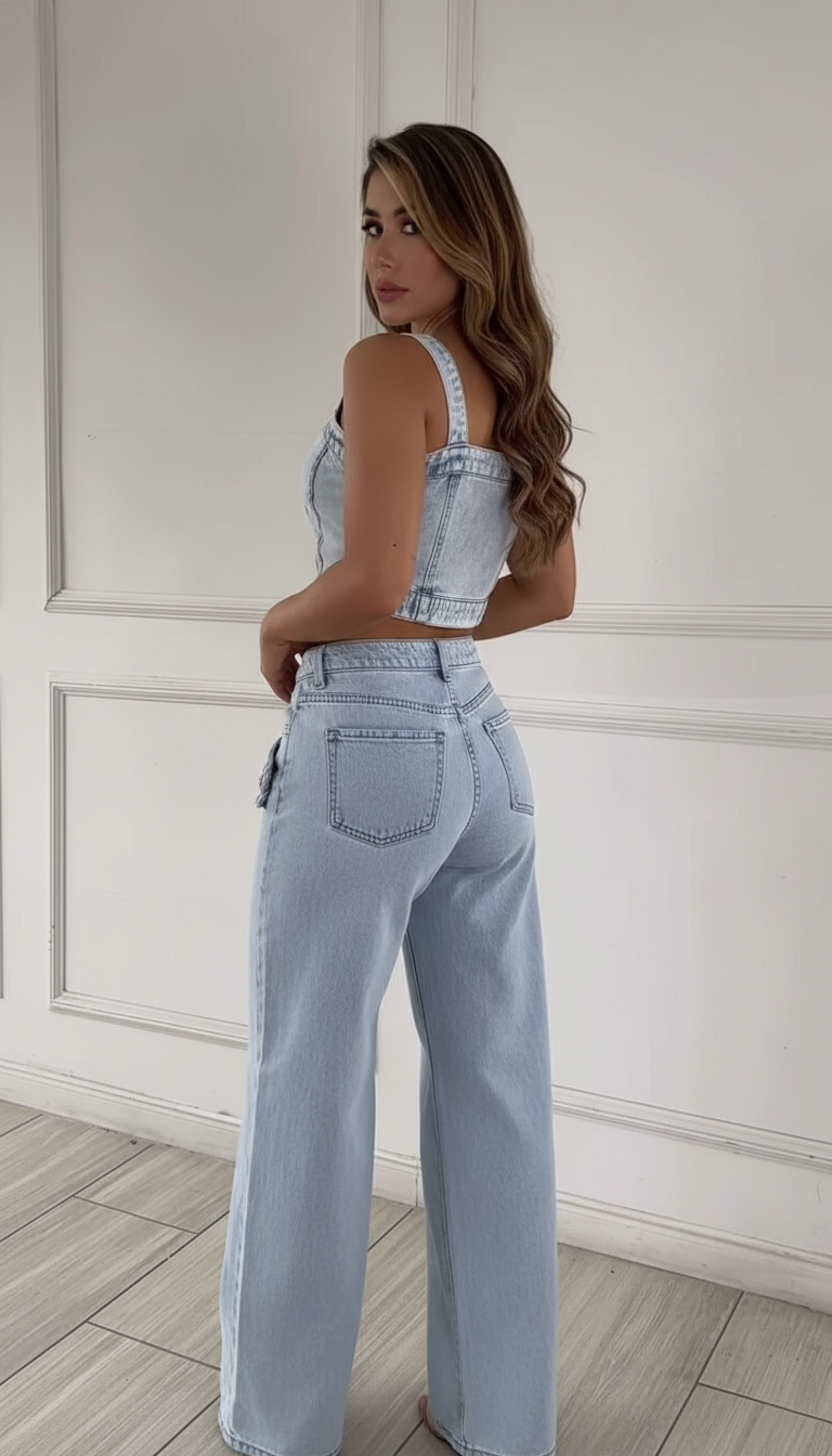 Light Blue Wide-Leg Cropped Button Closure Pant Set product image 2