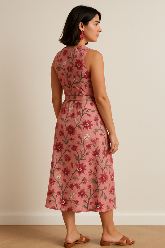 Pink Floral Belted Belted Waist Midi Dress product image 2