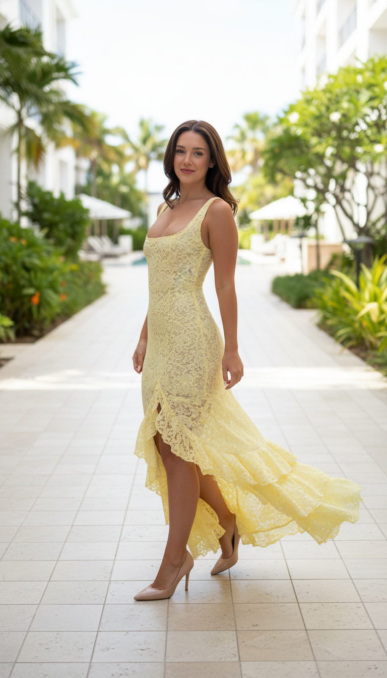 Yellow Ruffle Lace High Slit Maxi Dress product image 2