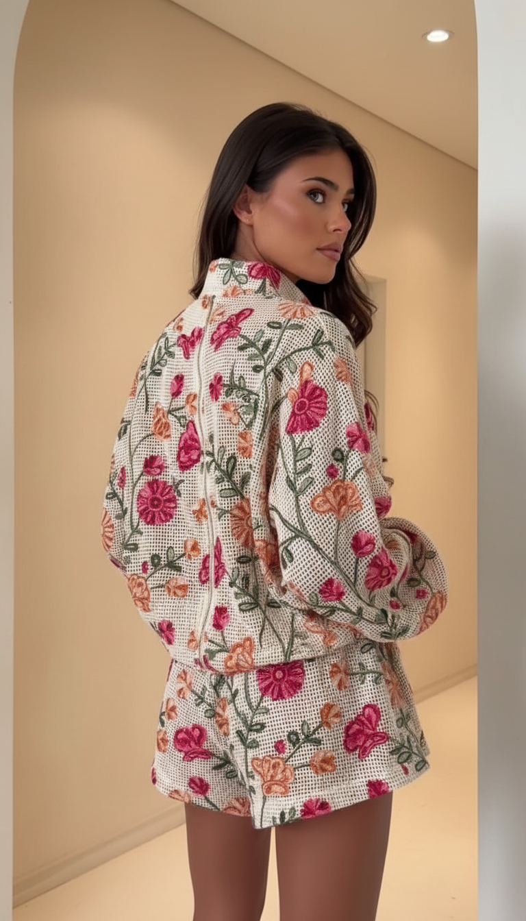 Cream Floral Ruffle Zipper Short Set product image 2