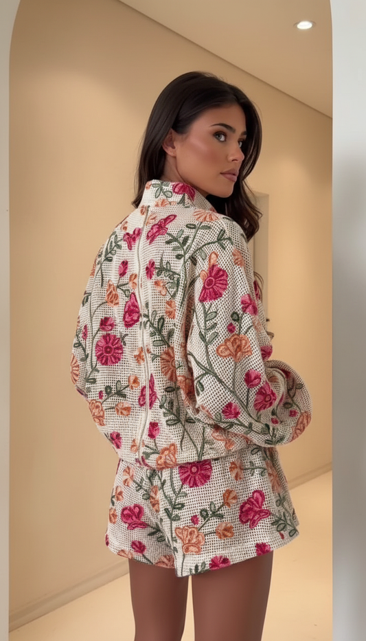 Cream Floral Ruffle Zipper Short Set product image 2