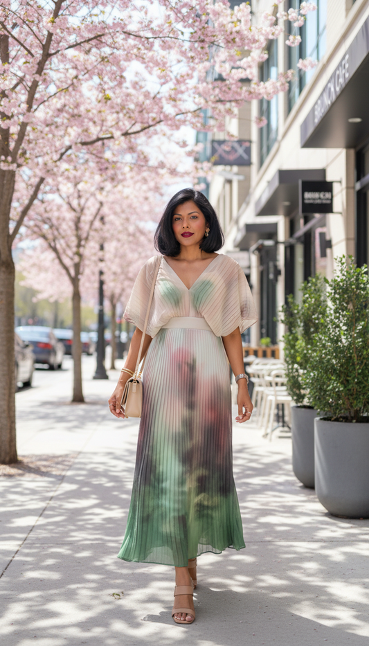 Green Ombre Print V-Neck Pleated Maxi Dress product image 2