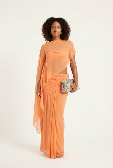 Women's Peach Chiffon Asymmetrical Draped Top and Skirt Set, Evening Wear