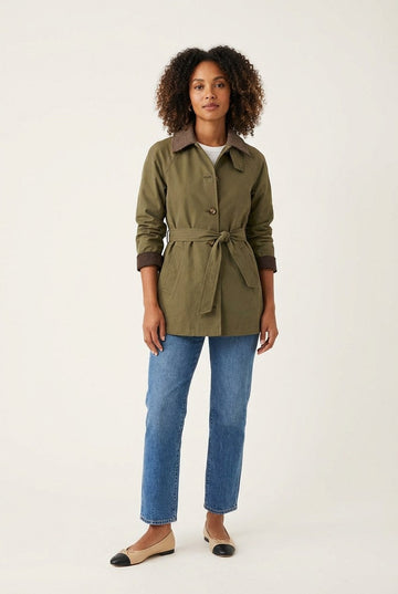 Women's Classic Cotton Utility Jacket with Corduroy Collar and Belt
