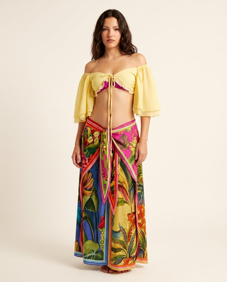 Butter Yellow Allure Evening Floral Short Set Butter Yellow Short Set with Relaxed Fit silhouette and Textured texture, side or back garment view for City Dinner, a gallery evening, Fall city dinners, cafe plans, gallery evenings, and polished weekend sty by floravincie