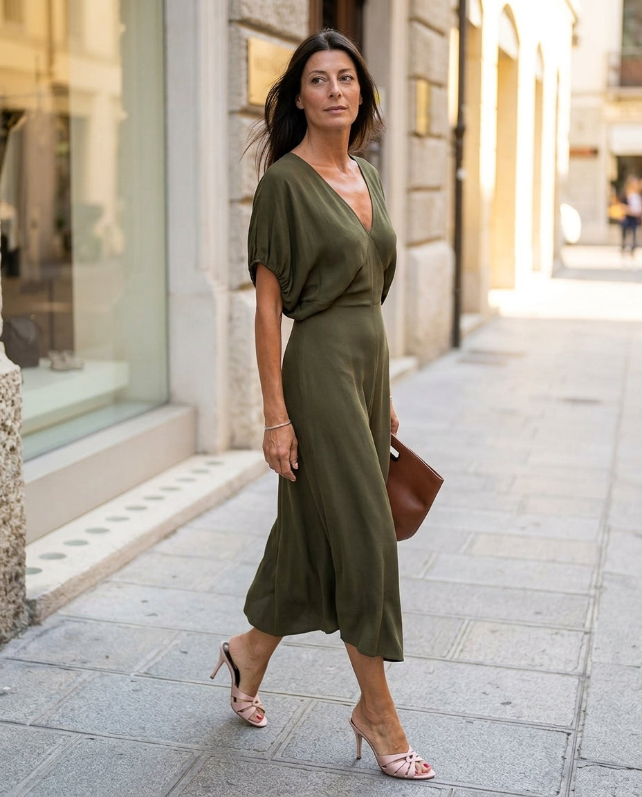Olive Solace Evening Printed Jumpsuit Olive Jumpsuit with Cropped silhouette and Textured texture, side or back garment view for City Dinner, a gallery evening, Fall city dinners, cafe plans, gallery evenings, and polished weekend styling, US Coastal Glam by floravincie