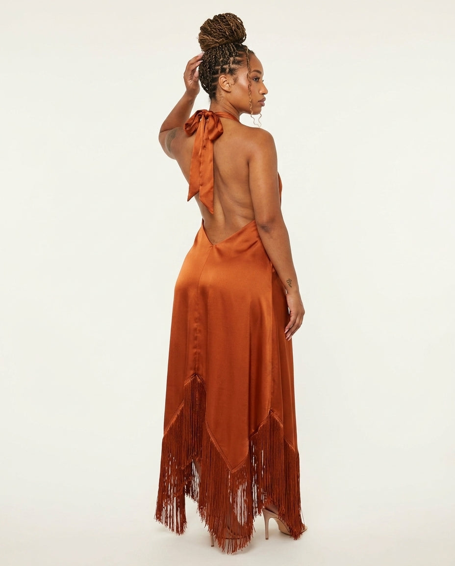 Rust Muse Wedding Guest Satin Maxi Dress Rust Maxi Dress with Relaxed Fit silhouette and Satin texture, side or back garment view for Wedding Guest, a fall city dinner, Fall late-summer to pre-fall transition: sell it as wearable now and still useful for by floravincie