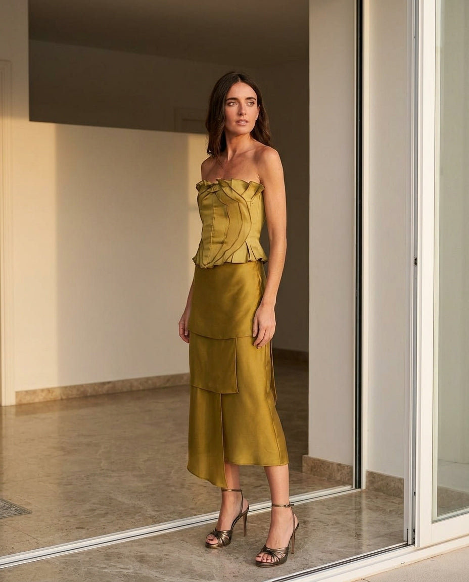 Olive Green Glow Wedding Guest Ruched Skirt Set Olive Green Skirt Set with Asymmetric silhouette and Satin texture, side or back garment view for Wedding Guest, an office-to-dinner transition, Fall current summer selling first with a light late-summer/pre by floravincie