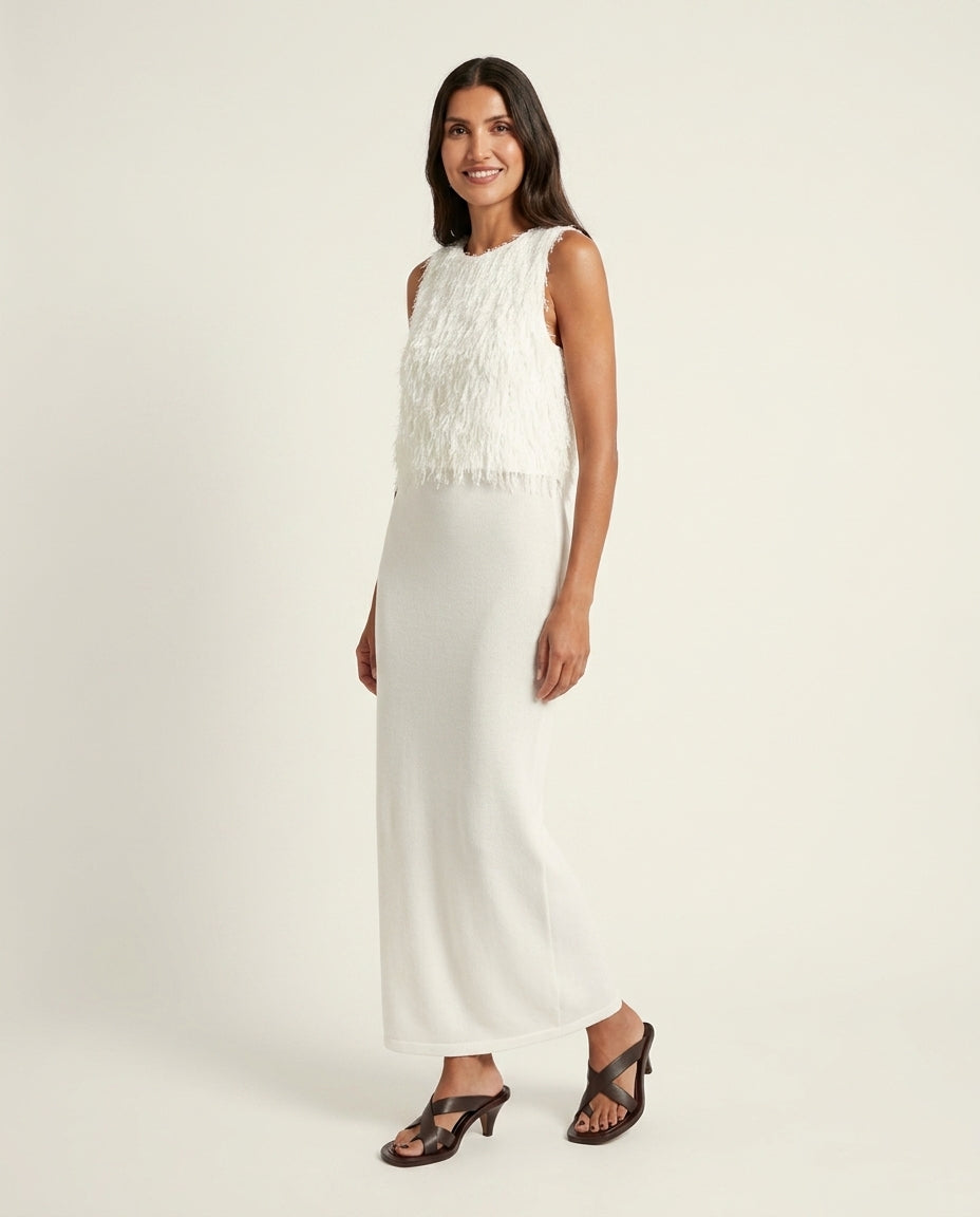Ivory Poise Evening Ribbed Skirt Set Ivory Skirt Set with Flowing silhouette and Ribbed Knit texture, side or back garment view for City Dinner, a cafe plan, Fall city dinners, cafe plans, gallery evenings, and polished weekend styling, Euro Chic Premium by floravincie