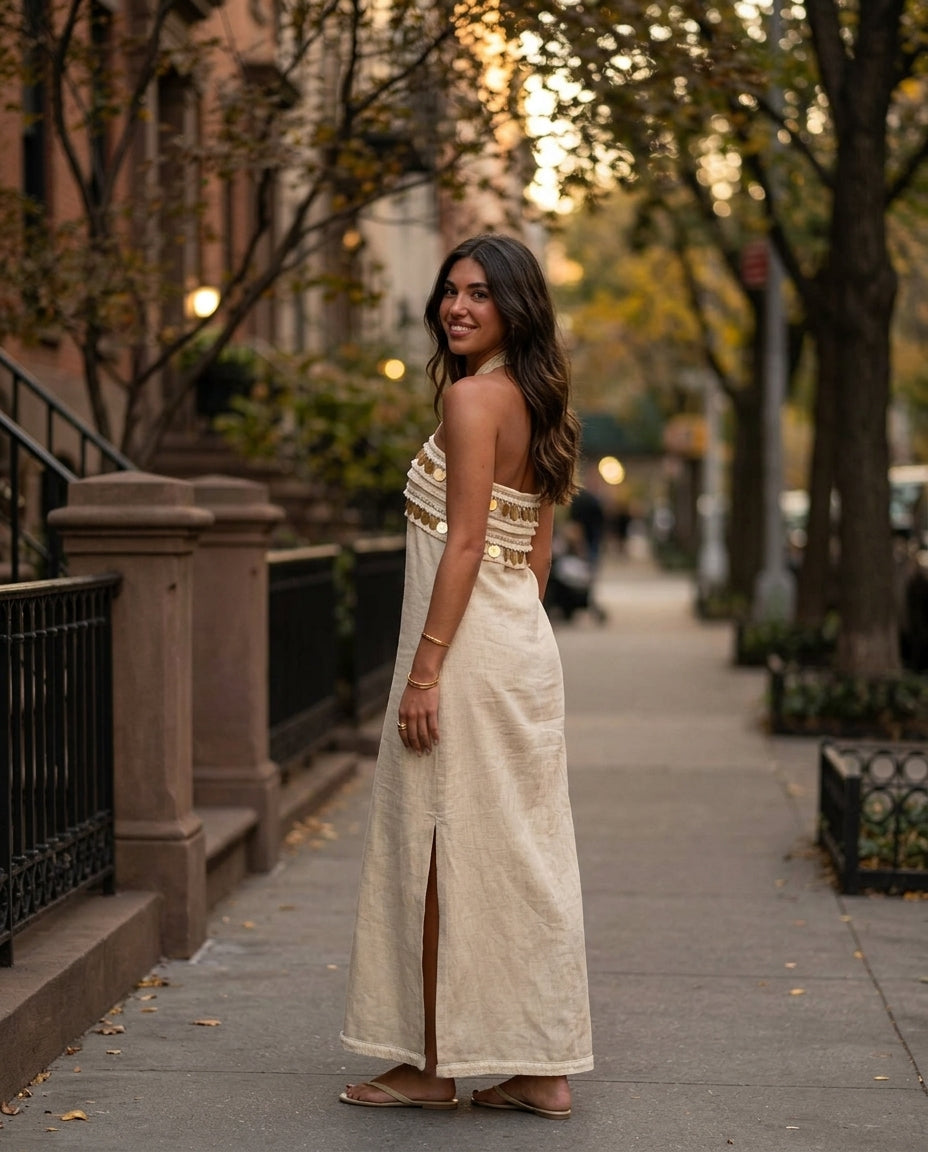 Sand Grace Evening Embroidered Maxi Dress Sand Maxi Dress with Relaxed Fit silhouette and Linen Blend texture, side or back garment view for City Dinner, a cafe plan, Fall city dinners, cafe plans, gallery evenings, and polished weekend styling, Euro Chic by floravincie