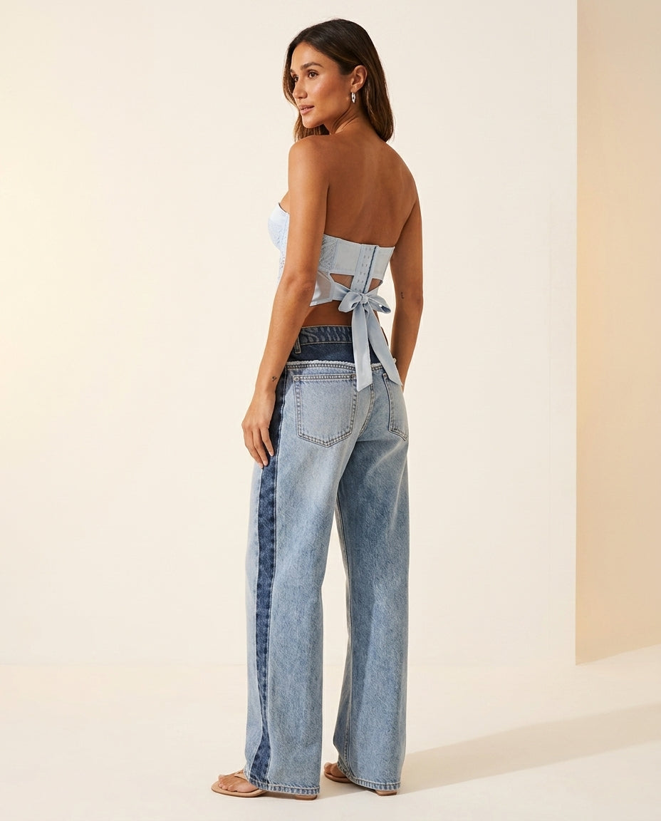 Light Blue Glow Evening Lace Two-Piece Set Light Blue Two-Piece Set with Cropped silhouette and Satin texture, side or back garment view for City Dinner, a gallery evening, Fall city dinners, cafe plans, gallery evenings, and polished weekend styling, US by floravincie