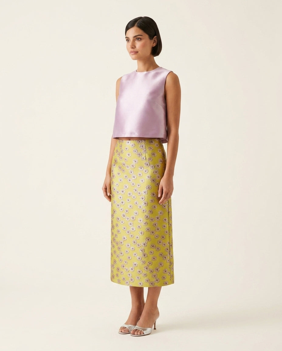 Pink Velvet Evening Floral Skirt Set Pink Skirt Set with Cropped silhouette and Satin texture, side or back garment view for City Dinner, an office-to-dinner transition, Fall city dinners, cafe plans, gallery evenings, and polished weekend styling, US Coa by floravincie