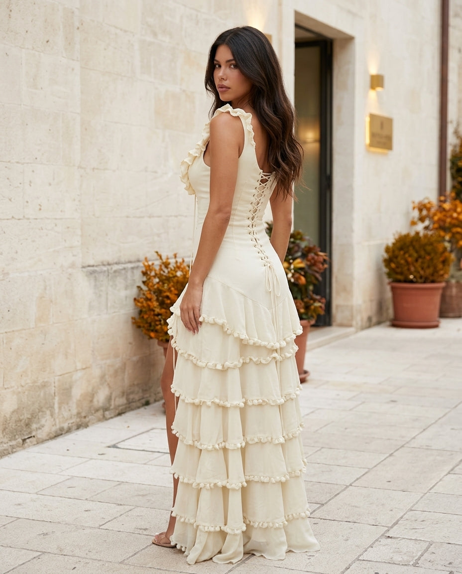 Ivory Allure Evening Lace Maxi Dress Ivory Maxi Dress with Relaxed Fit silhouette and Textured texture, side or back garment view for City Dinner, an office-to-dinner transition, Fall city dinners, cafe plans, gallery evenings, and polished weekend stylin by floravincie