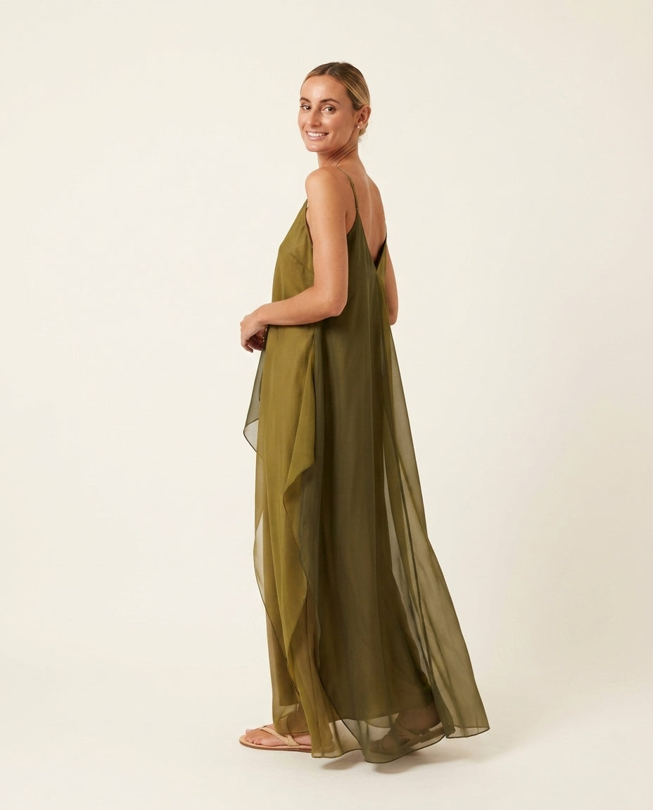 Olive Green Allure Evening Satin Maxi Dress Olive Green Maxi Dress with Asymmetric silhouette and Satin texture, side or back garment view for City Dinner, a gallery evening, Fall city dinners, cafe plans, gallery evenings, and polished weekend styling, U by floravincie